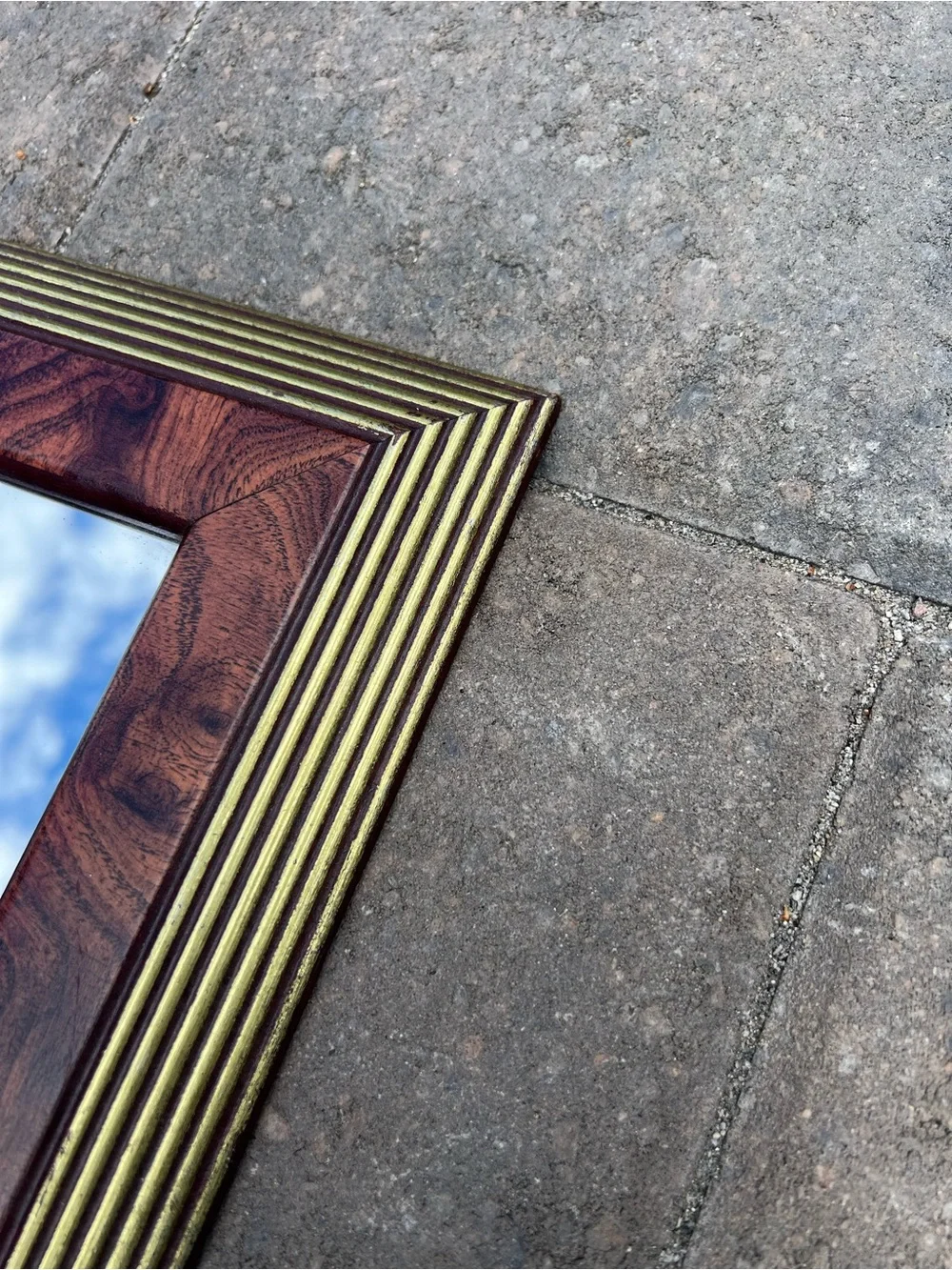 Vintage Faux Burl Wood Gold Reeded Square Mirror Hollywood Regency Vanity
